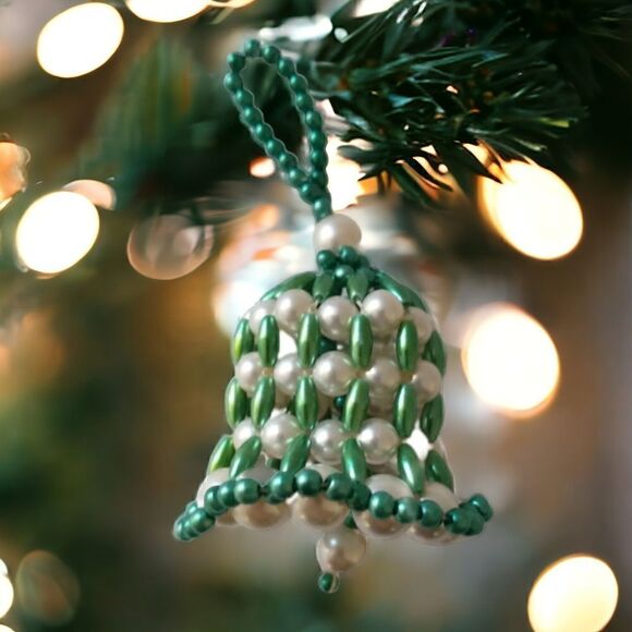 Beaded Bell Ornament Vintage Handmade Christmas Green Holiday Xmas Hand Crafted. - Picture 1 of 13